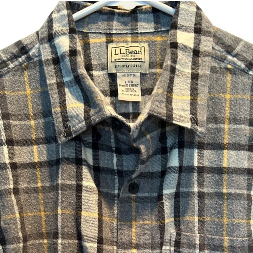 L.L. Bean Flannel Shirt Large Men's Grey Yellow Plaid Slightly‎ Fitted